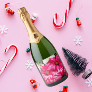 Pink Variegated Poinsettias Personalised Holiday Sparkling Wine Label