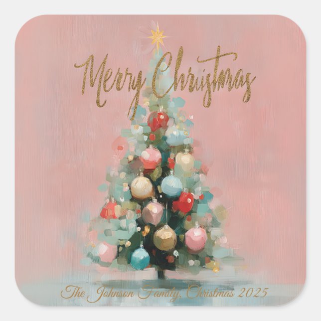 Pink Velvet Christmas Tree Foil Holiday Postcard Square Sticker (Front)
