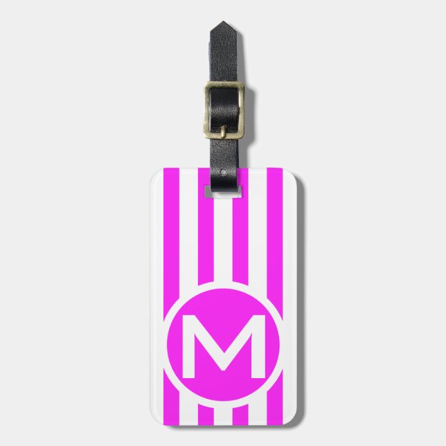 Pink Vertical  Stripe Button Monogrammed Luggage Tag (Front Vertical)