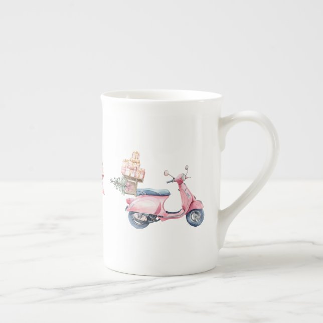 Pink Vespa Christmas Shopping Trip  Bone China Mug (Right)