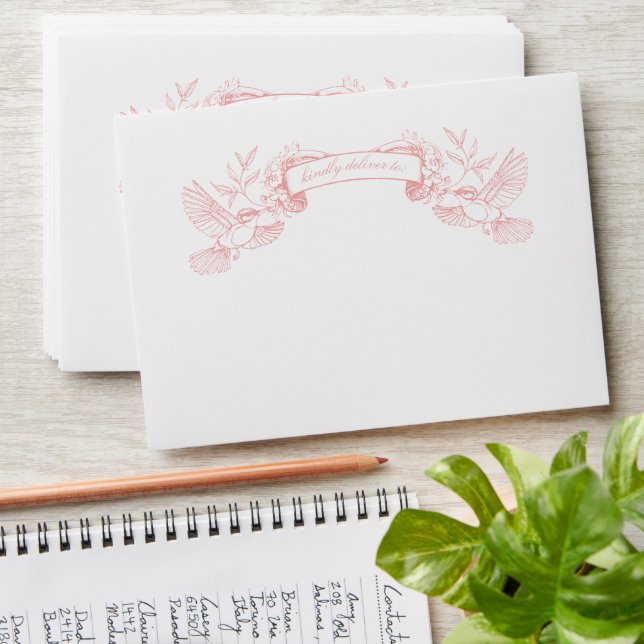 Pink Victorian Birds Pre-Addressed Wedding Invite Envelope (Stacked)