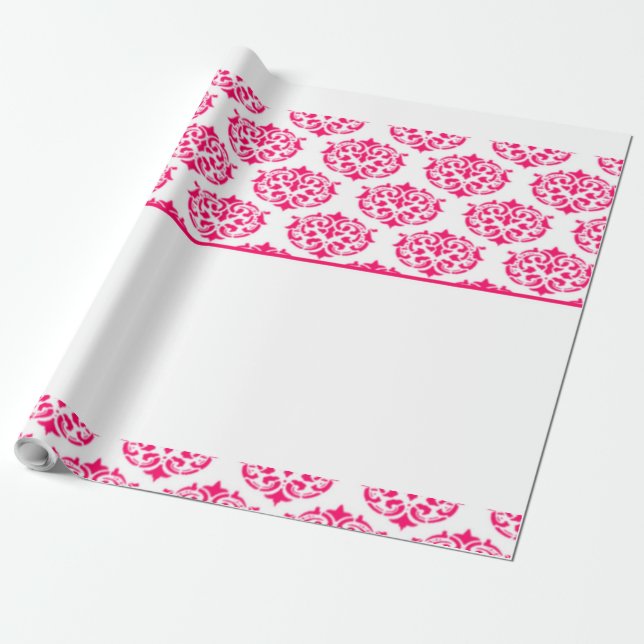Pink Victorian damask on white Wrapping Paper (Unrolled)