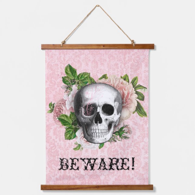 Pink Victorian Gothic Skull Halloween Beware Sign Hanging Tapestry (Front)