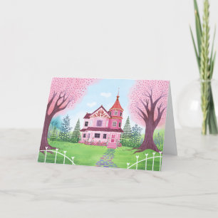 Pink Victorian House & Cherry Blossom Blank Card