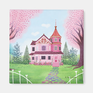 Pink Victorian House & Cherry Blossom Magnet
