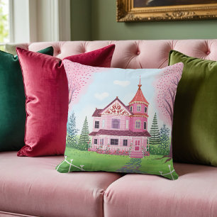 Pink Victorian House & Cherry Blossom Square Cushion