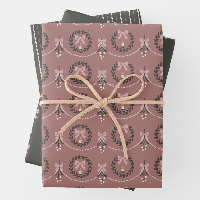 Pink Victorian Mistletoe and Wreath Gift Wrap (In situ)