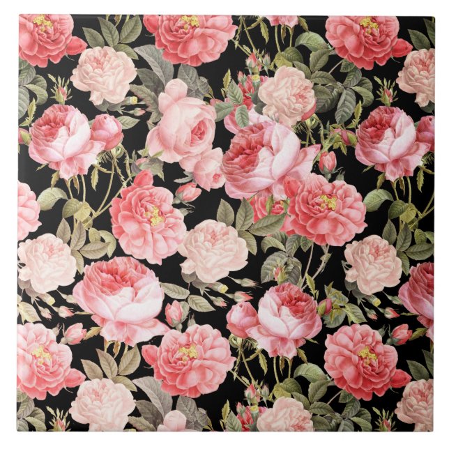 Pink Victorian Roses on Black Pattern Ceramic Tile (Front)