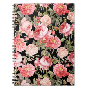 Pink Victorian Roses on Black Pattern Notebook