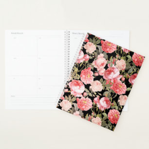 Pink Victorian Roses on Black Pattern Planner