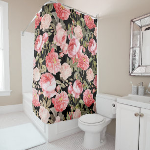 Pink Victorian Roses on Black Pattern Shower Curtain