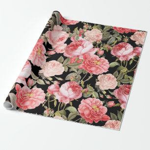 Pink Victorian Roses on Black Pattern Wrapping Paper