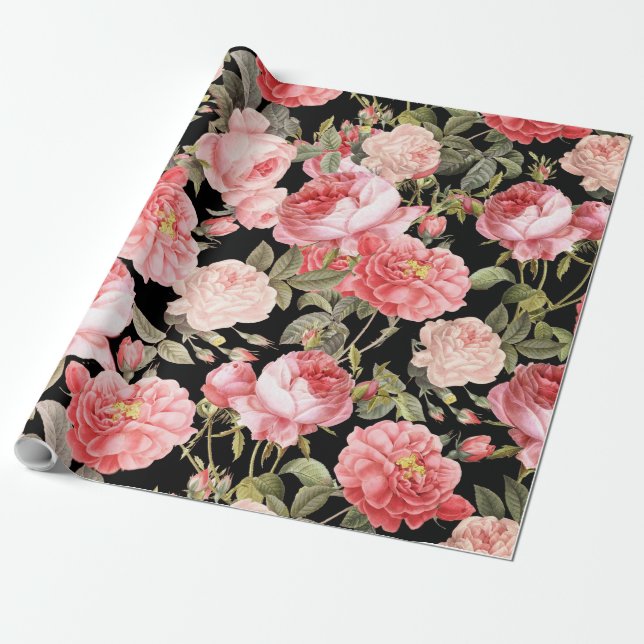 Pink Victorian Roses on Black Pattern Wrapping Paper (Unrolled)