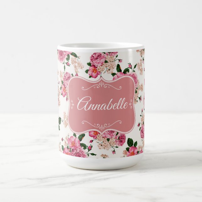 Pink Victorian Roses Personalize Coffee Mug (Center)