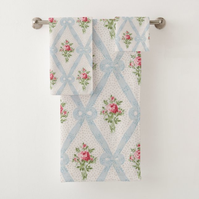 Pink Victorian Roses w/Blue Ribbon Lattice Bath Towel Set (Insitu)