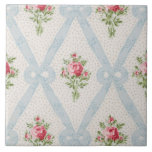 Pink Victorian Roses w/Blue Ribbon Lattice Ceramic Tile<br><div class="desc">Pretty Victorian pink rose bouquets with diagonal lattice of pale blue ribbons and bows on soft eggshell background with subtle grey dots. Design is seamless and scaleable.</div>