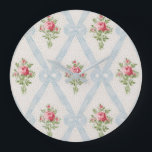 Pink Victorian Roses w/Blue Ribbon Lattice Large Clock<br><div class="desc">Pretty Victorian pink rose bouquets with diagonal lattice of pale blue ribbons and bows on soft eggshell background with subtle grey dots. Design is seamless and scaleable.</div>