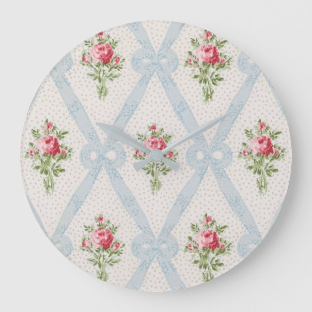 Pink Victorian Roses w/Blue Ribbon Lattice Large Clock (Front)