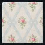 Pink Victorian Roses w/Blue Ribbon Lattice Stone Coaster<br><div class="desc">Pretty Victorian pink rose bouquets with diagonal lattice of pale blue ribbons and bows on soft eggshell background with subtle grey dots. Design is seamless and scaleable.</div>
