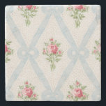 Pink Victorian Roses w/Blue Ribbon Lattice Stone Coaster<br><div class="desc">Pretty Victorian pink rose bouquets with diagonal lattice of pale blue ribbons and bows on soft eggshell background with subtle grey dots. Design is seamless and scaleable.</div>