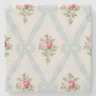 Pink Victorian Roses w/Blue Ribbon Lattice Stone Coaster