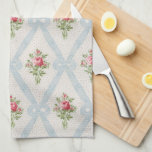 Pink Victorian Roses w/Blue Ribbon Lattice Tea Towel<br><div class="desc">Pretty Victorian pink rose bouquets with diagonal lattice of pale blue ribbons and bows on soft eggshell background with subtle grey dots. Design is seamless and scaleable.</div>