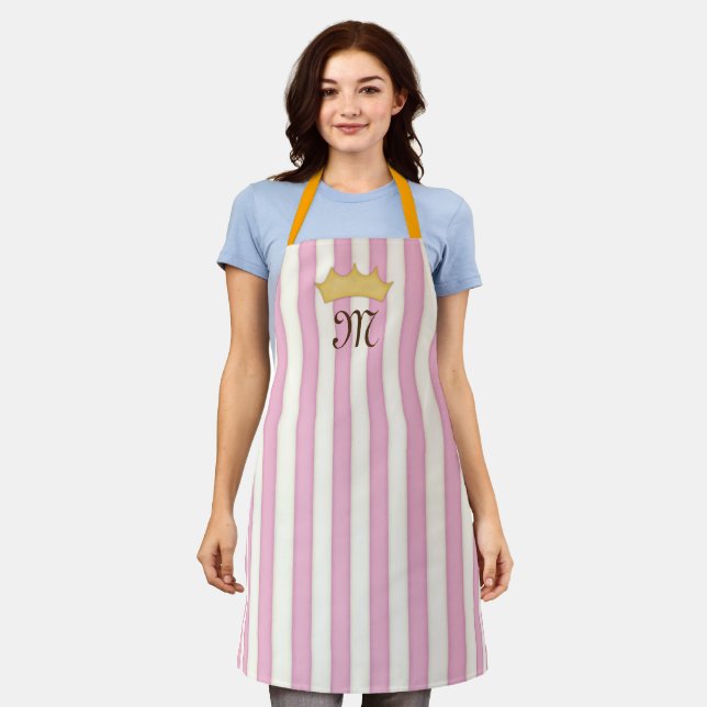 Pink Victorian Stripes Crowned Monogram Princess Apron (Worn)