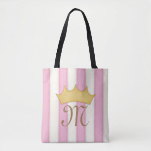 Pink Victorian Stripes Crowned Monogram Princess Tote Bag