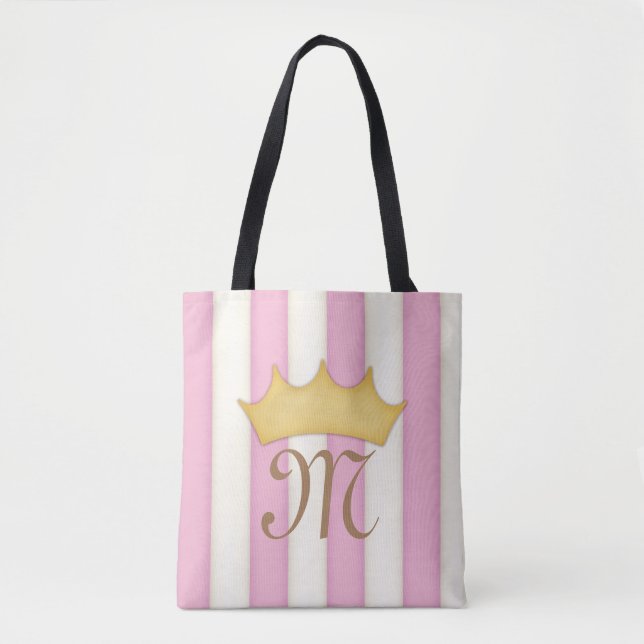 Pink Victorian Stripes Crowned Monogram Princess Tote Bag (Front)