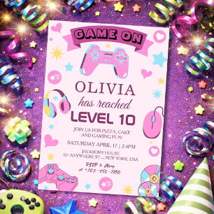 Pink Video Gamer Girl Birthday Invitation