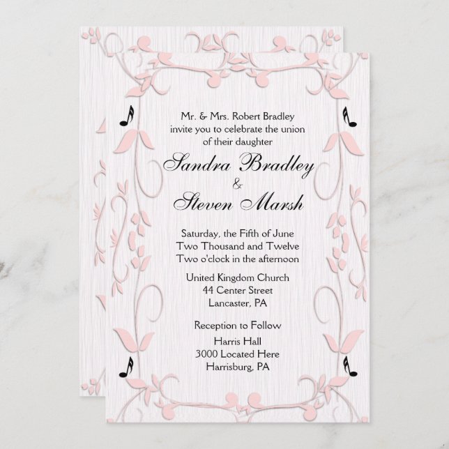 Pink Vines and Music Notes Wedding Invitation (Front/Back)