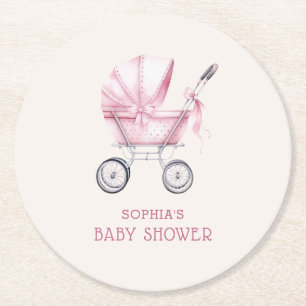 Pink Vintage Baby Carriage Baby Shower Round Paper Coaster