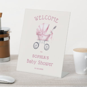 Pink Vintage Baby Carriage Baby Shower Welcome  Pedestal Sign