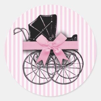Pink Vintage Baby Carriage Pram with Ribbon Classic Round Sticker