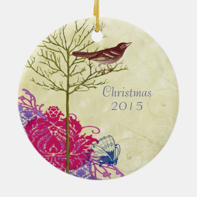 Pink Vintage Bird Christmas Couple Photo Ornament (Back)