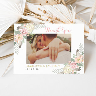 Pink Vintage Boho Floral Wedding Photo Thank You Card