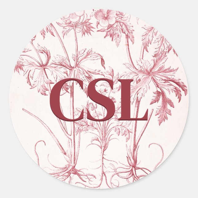 Pink Vintage Botanical Art Monogram Classic Round Sticker (Front)