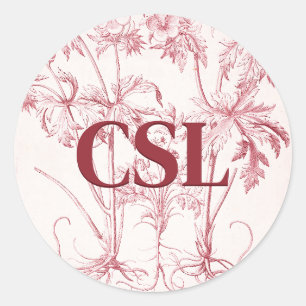 Pink Vintage Botanical Art Monogram Classic Round Sticker