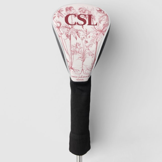 Pink Vintage Botanical Art Monogram Golf Head Cover (Front)