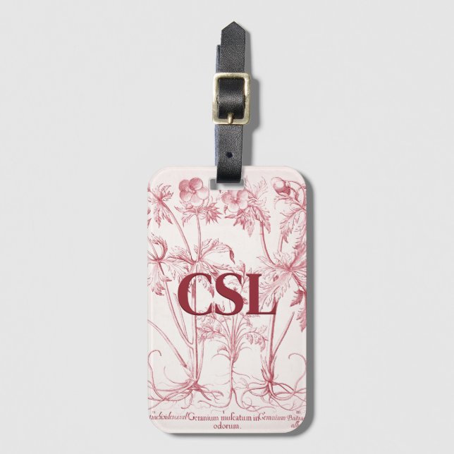 Pink Vintage Botanical Art Monogram Luggage Tag (Front Vertical)