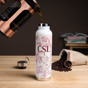 Pink Vintage Botanical Art Monogram Water Bottle