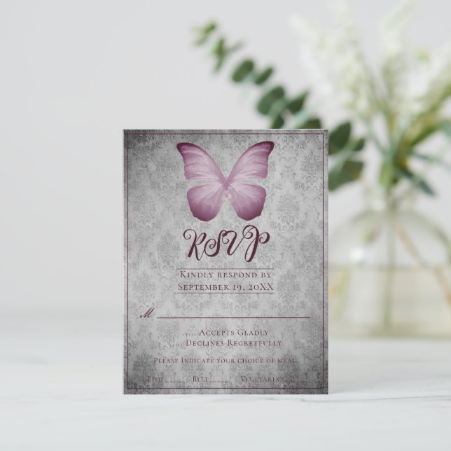 Pink Vintage Butterfly Damask Wedding RSVP (Standing Front)