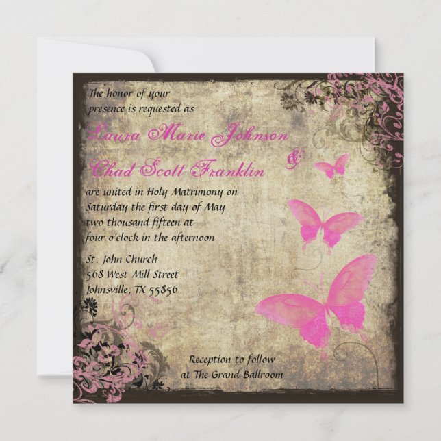 Pink Vintage Butterfly Invitation (Front)