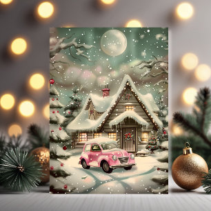Pink Vintage Car Winter Wonderland Card