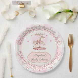 Pink Vintage Carousel- Baby Shower Large Plate