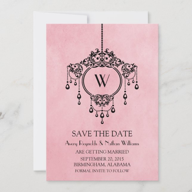 Pink Vintage Chandelier Save the Date Invite (Front)