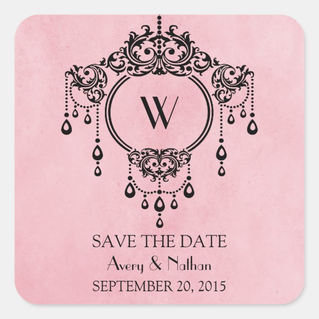 Pink Vintage Chandelier Save the Date Stickers (Front)