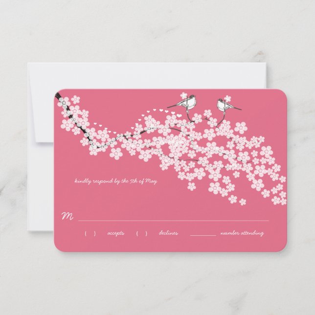 Pink Vintage Cherry Blossom Chickadee Wedding RSVP Card (Front)