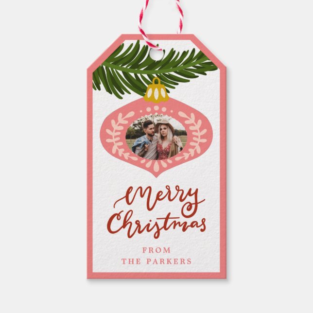 Pink Vintage Christmas Ornament | Photo Gift Tag (Front)