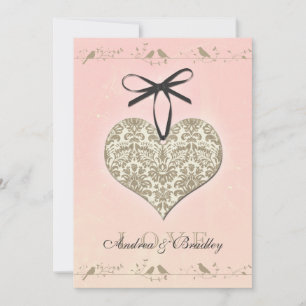 Pink Vintage Damask Heart Wedding Invitation